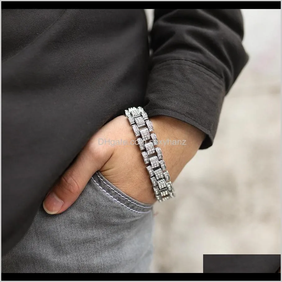 Fashion Men`s Hip Hop Men Jewelry Bling Bling Iced Out Gold Bracelet Silver/Gold Color Full Rhinestone Chain Bracelets For Men