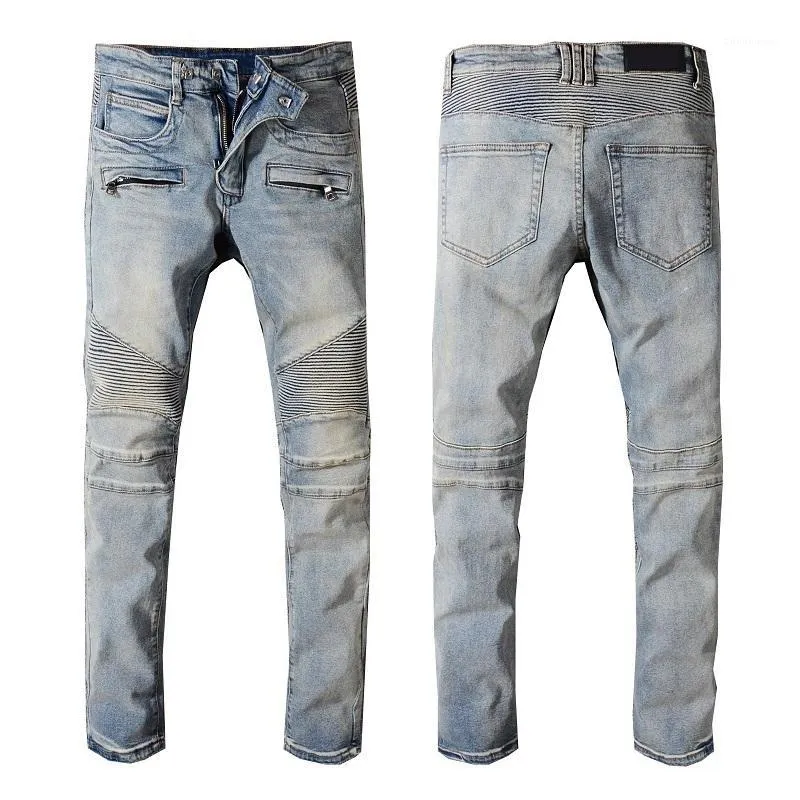 FRANKRIJKSTIJD # 1051 # Mens verfraaid geribbelde stretch Motobroek Old School Washed Biker Blue Jeans Slanke broek 29-42