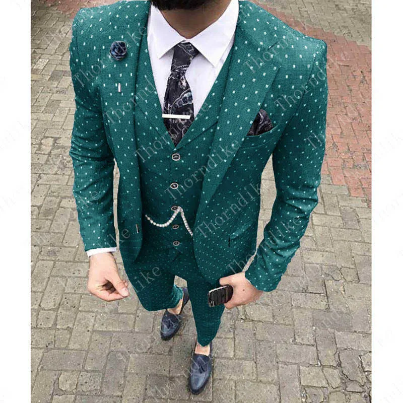 (Blazer + spodnie + kamizelka) Teal Polka Dots Męskie Garnitur Slim Fit Wedding Wear Biznes Mężczyźni Purpurowy garnitur Elegancki Kostium Mariage Homme XS-5XL X0909