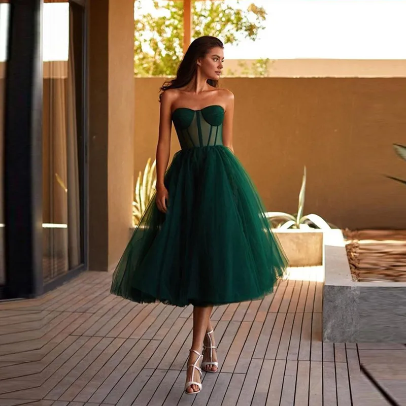 Elegant Tea Length Homecoming Dresses: Green Tulle A-Line Gown