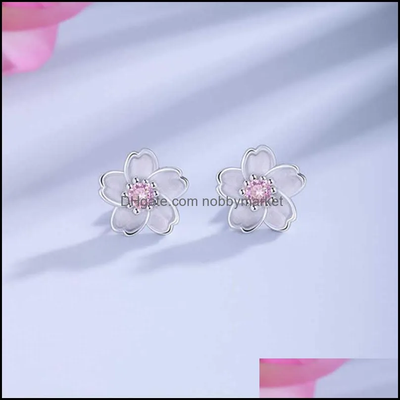 Silver 925 Jewelry Sterling Earrings Cherry Blossom Inlaid Pink Zircon Ear Studs Simple and Popular for Women
