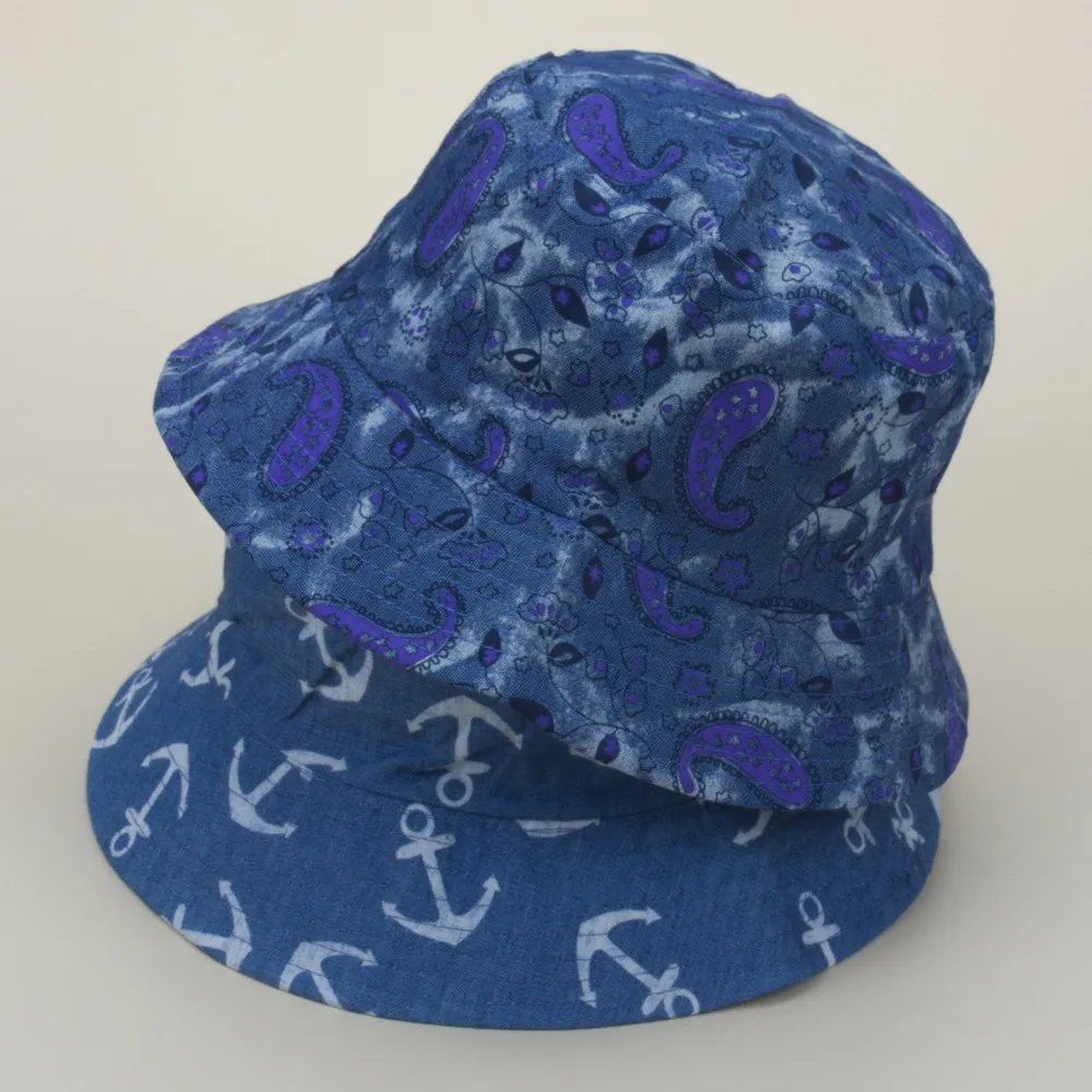 Retro anchor fisherman hat cashew print double-sided ethnic female outdoor sunscreen sunhat