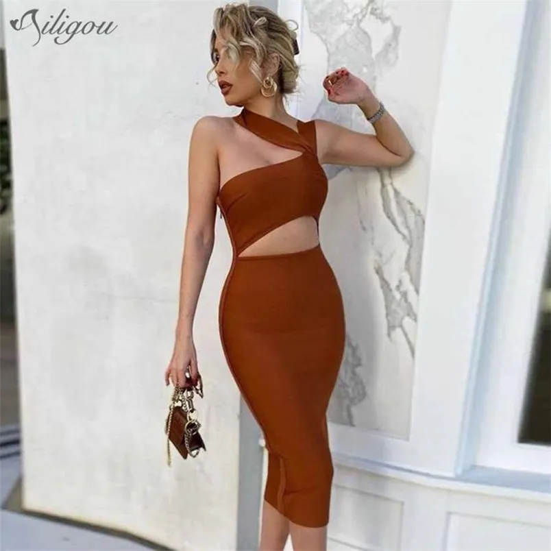 Summer Bandage Dress Midi Hollow Elegant Kvinnor Bodycon Celebrity Club Bankett Prom 210525