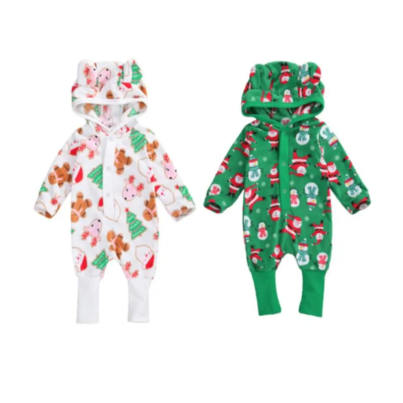 Kerstmiskleding Baby Rompertjes Kinderen Jongen Meisje Lange Mouwen Cartoon Gedrukt Hooded Jumpsuit One Stuk Kostuum Gift 0-18 Maanden