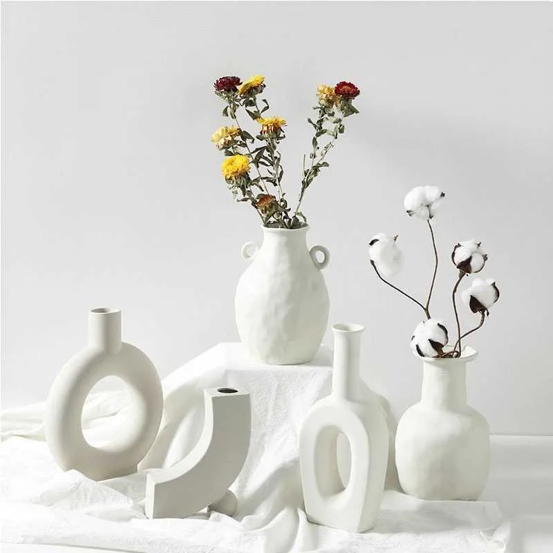 Ceramiczne Wazony Kwiatów Nordic Home Decoration Ozdoby White Plant Decor Decor Crafts Wazon Ślubny dla Centerpieces 210623