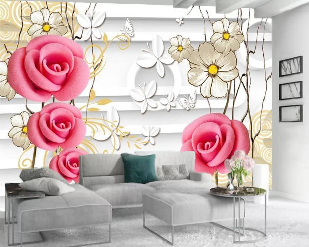 Rote Rose Schmetterling 3D-Wandbild Tapete 3D moderne Tapete Wohnzimmer Schlafzimmer Wandverkleidung HD Blume 3D-Tapete