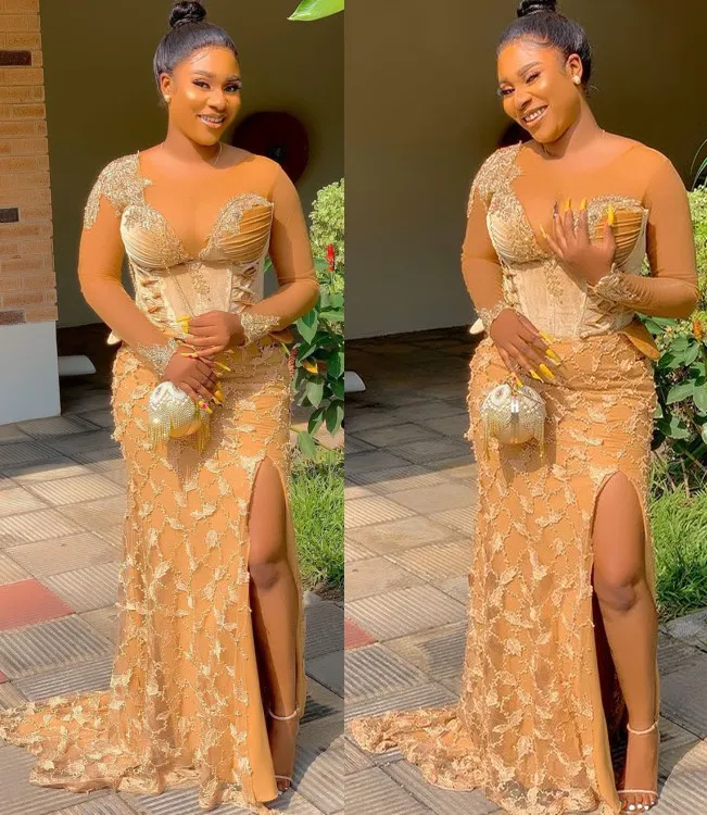 Gold Lace Beaded Mermaid Nigerian Prom Dresses For Plus Size Women 2022  Arabic Aso Ebi Gown With Sheer Neckline For Evening Formal Party And Second  Reception ZJ306 From Chic_cheap, $212.92