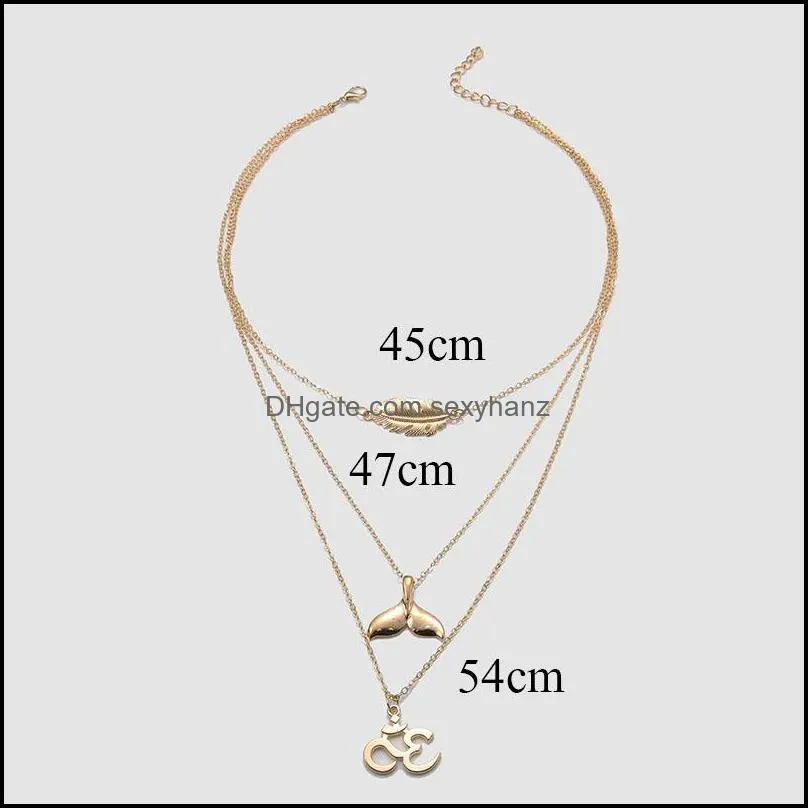 Pendant Necklaces Whale Tail Necklace Multilayer Leaves Feathers Chain Choker Women`s Jewelry Accessories Collares Kpop