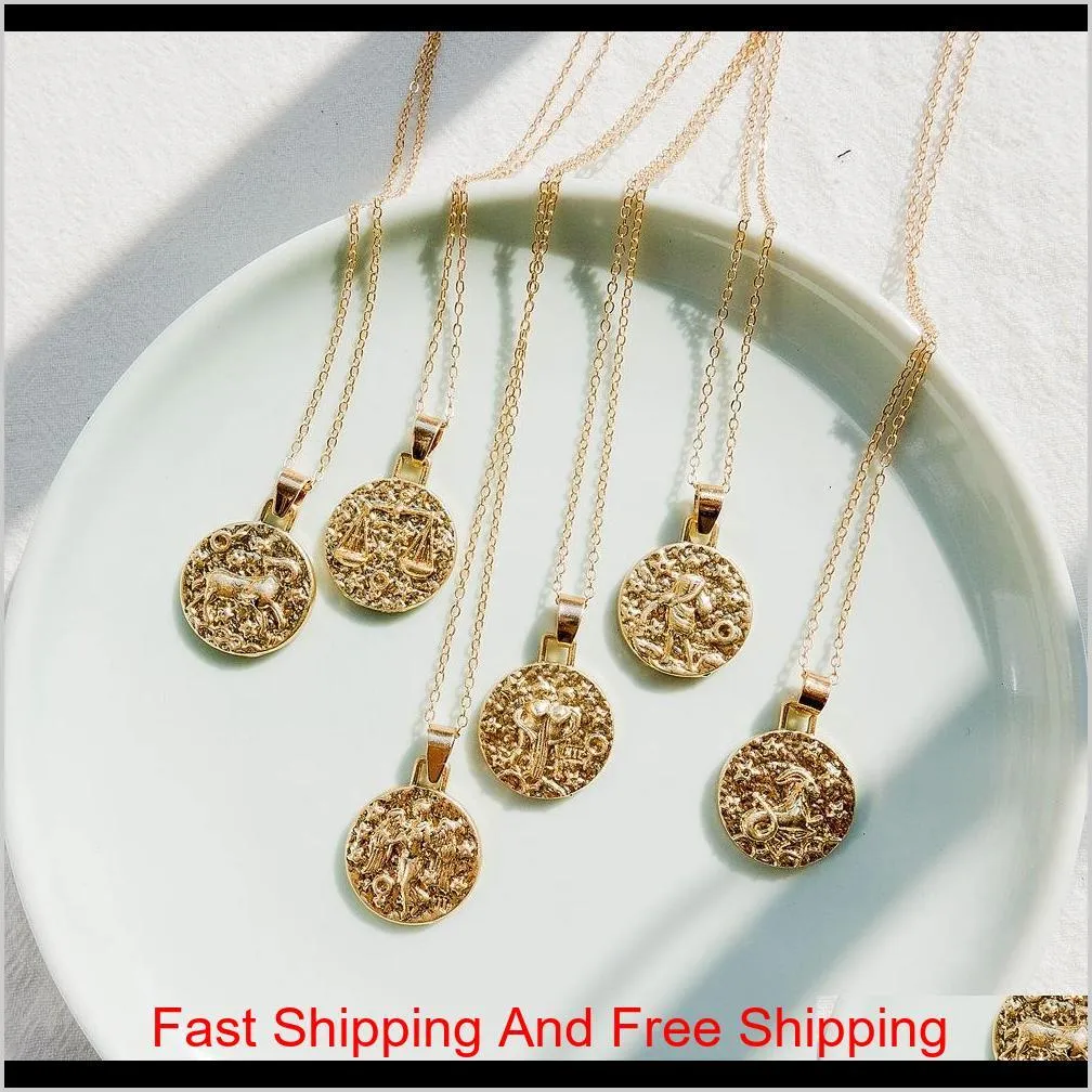 gold chain hammered metal emboss 12 zodiac horoscope astrology pendant necklace retro fashion neck jewelry minimalist round charm