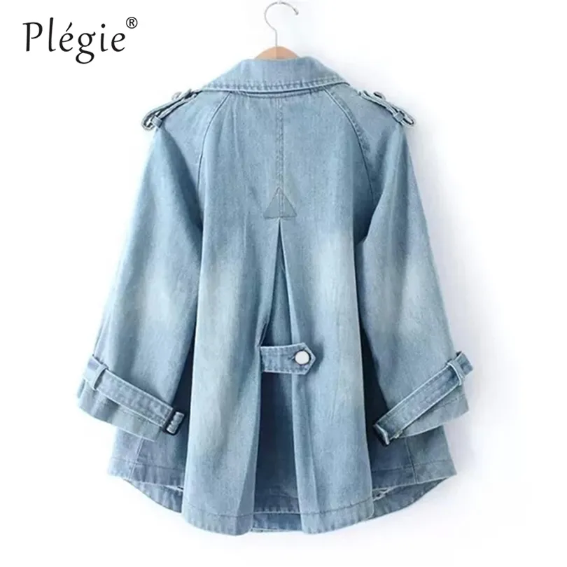 Plegie Denim Cape Coat Jaqueta Feminina Casaco Dupla-Breasted Tamanho Big Harajuku Jaqueta Windbreaker A-Line Coats Básicos 211014