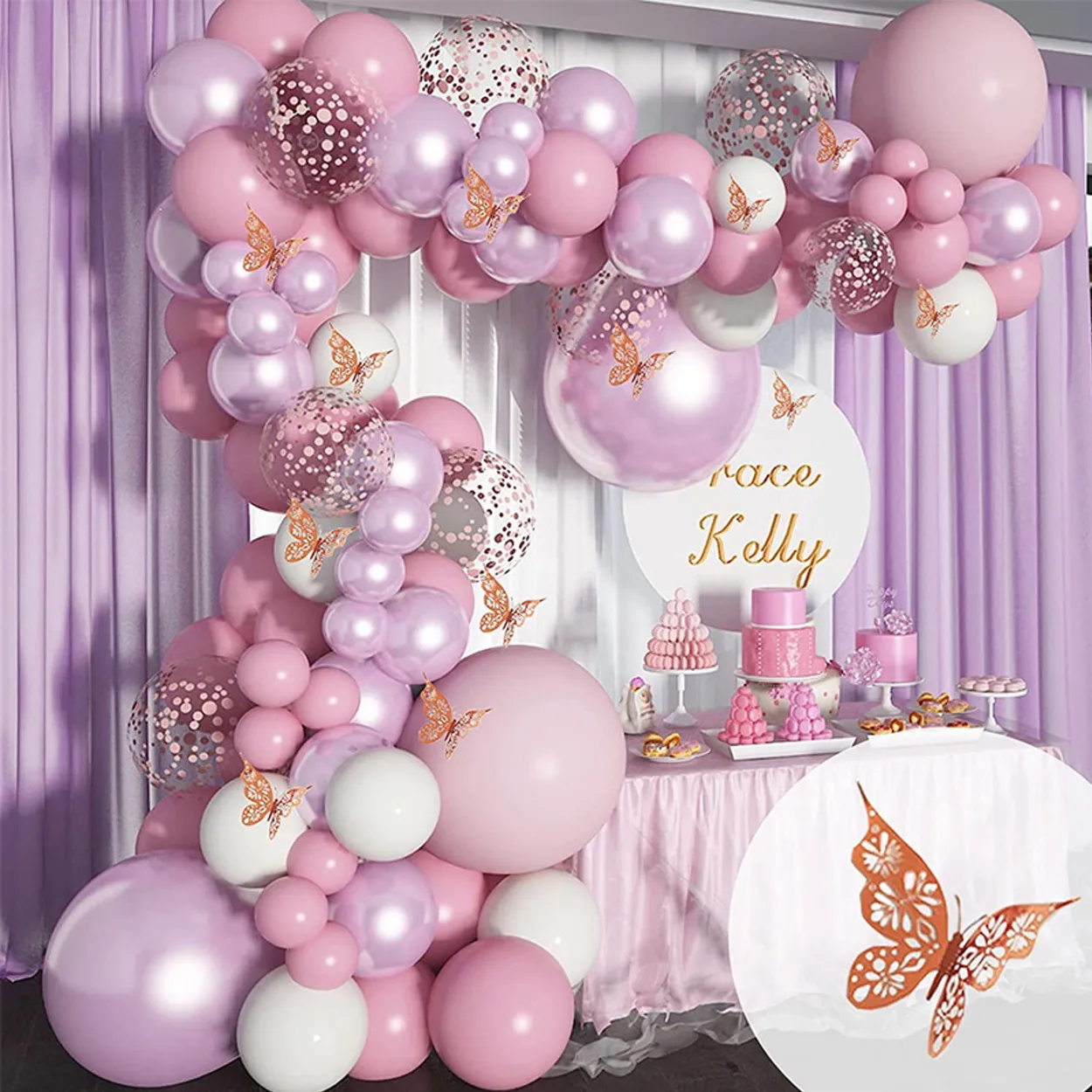 113шт бабочка металл розовый макарон воздушный шар цепи пакет рождения вечеринка украшения фона стены