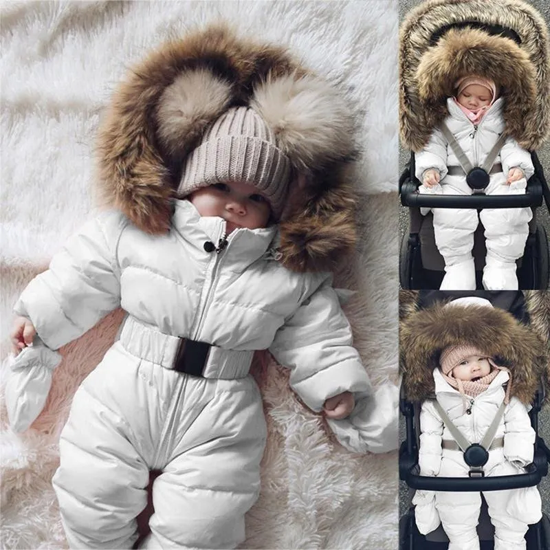 Tute Neonate Ragazzi Cappotto da neve Cappotto invernale Nato Pagliaccetto Tuta con cappuccio in pelliccia Spessa calda Passeggino Capispalla Tuta da neonato Giacca