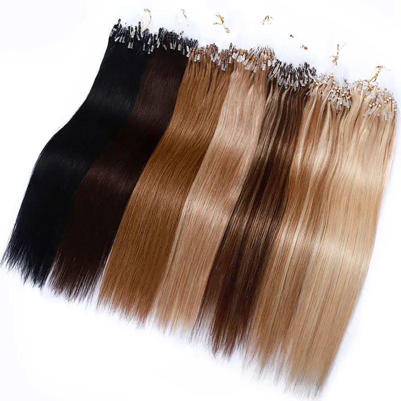 Micro Ring Bead Loop Human Hair Extensions Cuticle Aligned 1g/strand 100s/lot Microcircle 14 to 28inch Straight Remy Hairpiece For Women Blonde Medium Brown 20color