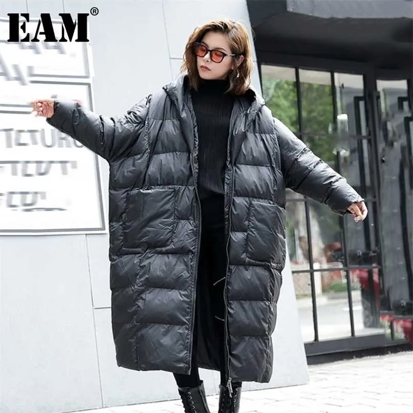 [EAM] abrigo largo de gran tamaño con capucha y acolchado de algodón, Parkas holgadas de manga larga para mujer, moda Otoño Invierno JD1210 211007