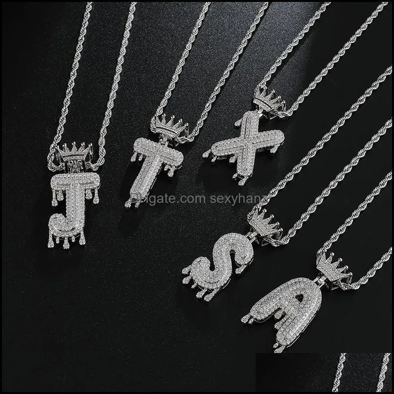 Hip Hop Iced Out Bling Cubic A-Z Drip Crown Zircon Letters Necklaces & Pendant For Men Jewelry with Rope Chain