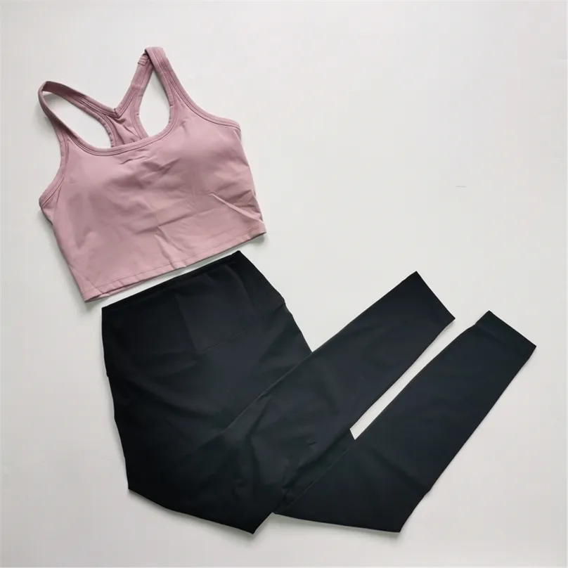 Nepoagym 25 "Rytm Kvinnor Träning Leggings och Crop Top Bra Set Ingen Front Seam Yoga Pants Tank byggd i 210802