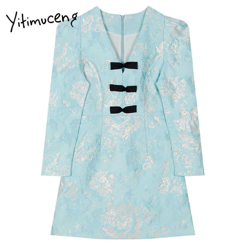 Yitimuceng Drukuj Mini Hafty Damskie Dress A-Line Spring Vintage Odzież V-Neck Długi Rękaw Office Lady 210601