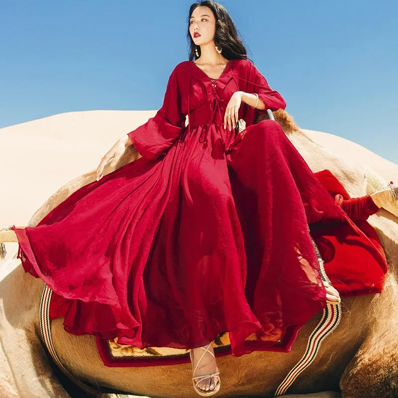 Vestidos casuales CHUNLI talla grande 2021 estilo bohemio étnico vacaciones vestido largo femenino verano gasa roja Super Fairy