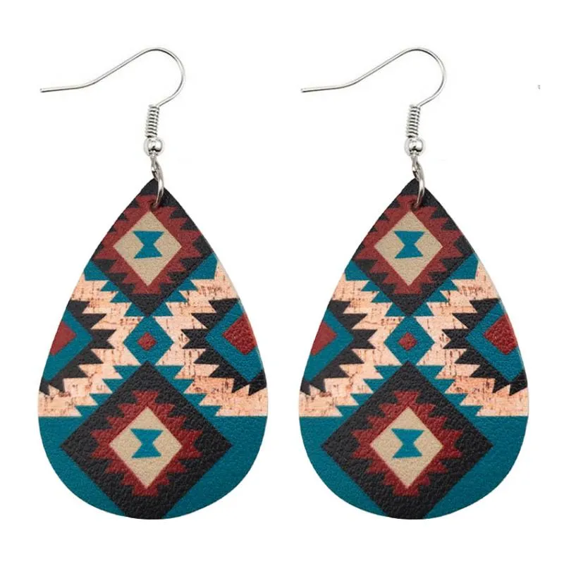 Dangle & Chandelier Geometric Zigzag Pattern UV Print PU Leather Teardrop Aztec Earrings For Women Fashion Ethnic Jewelry Bijoux G236C