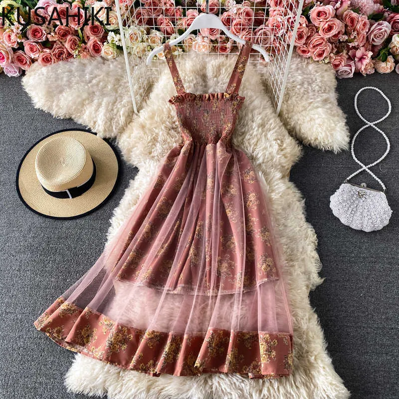 Korean Printed Patchwork Sling Floral Summer Dress for Women - High Waist A-Line Holiday Vestidos Mujer (6F940 210603)