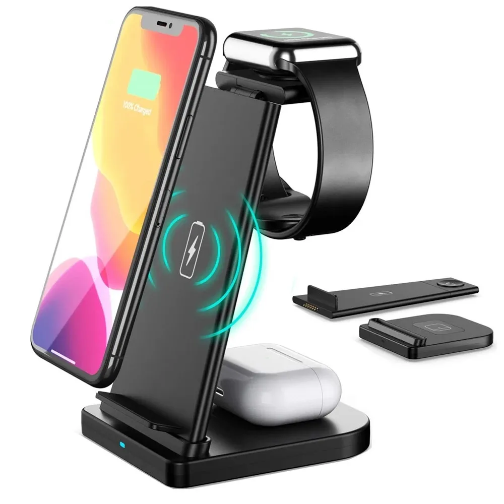 Caricabatterie wireless Qi 3 in 1 Supporto pieghevole per stazione dock di ricarica rapida da 15 W per iPhone 13 12 11 XS X 8 Apple Watch 7 6 SE 5 Airpods Pro Samsung S20 Xiaomi Huawei Smartphone