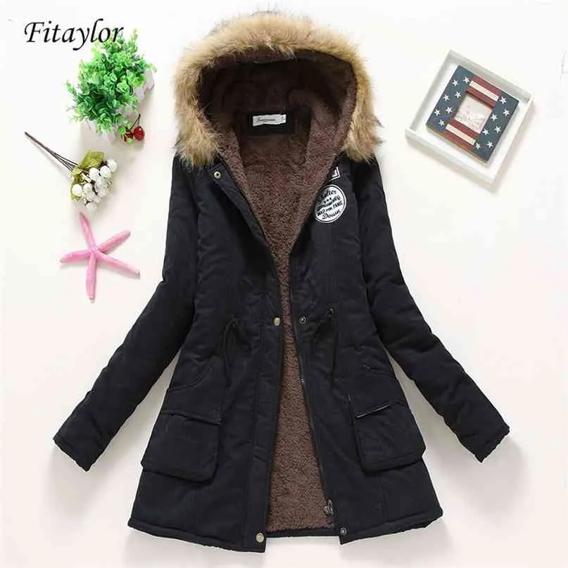 Fitaylor Winter Padded Coats Women Cotton Wadded Jacket Medium Long Parkas Thick Warm Hooded Quilt Snow Outwear Abrigos 210923