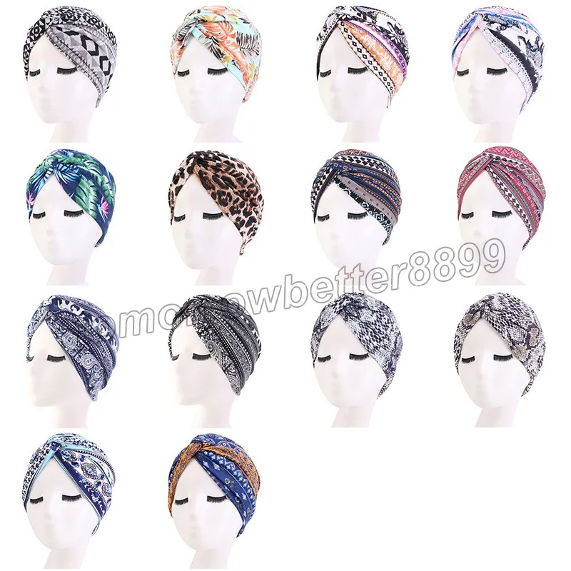 2021 Moda damska Turban Afryka Hidżab Czapki Muzułmańskie Wrap Head Indie Kapelusze Drukuj Headtie Chemo Bonnet Hair Loss Hat