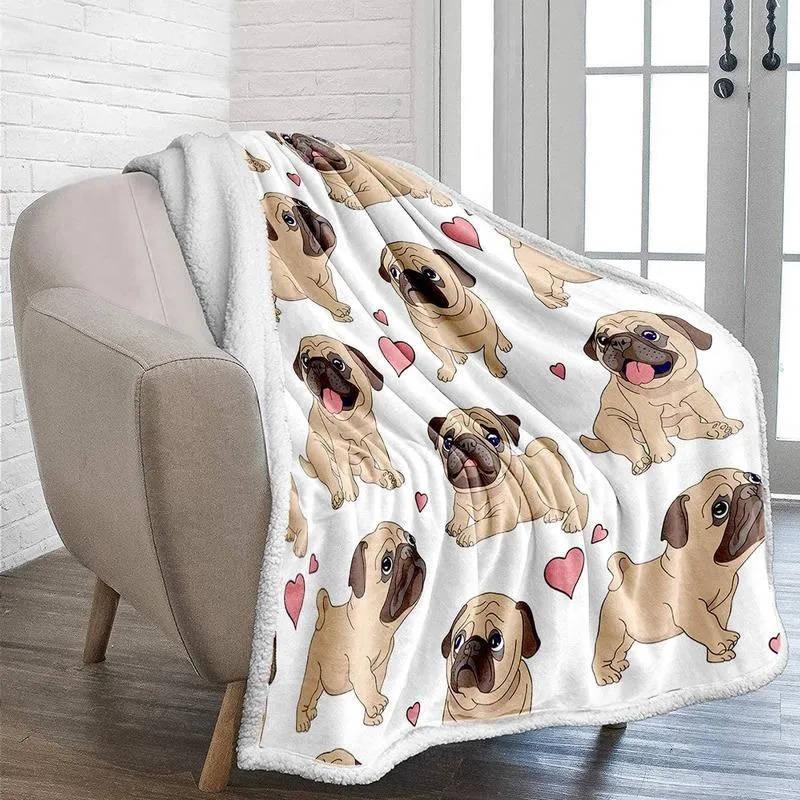 Filtar pug kasta filt twin reversibel hund print sherpa för barn vuxna mjuk fuzzy mikrofiber plysch fleece