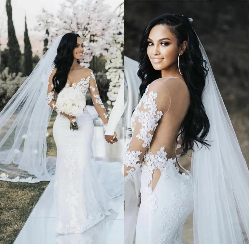 Sexy Sheer Backless Mermaid Suknie Ślubne Suknie Ślubne Koronki Długie Rękawy Appliqued White Boho Country Bride Sukienka Sweep Pociąg 2021 Robe de Mariée Weil