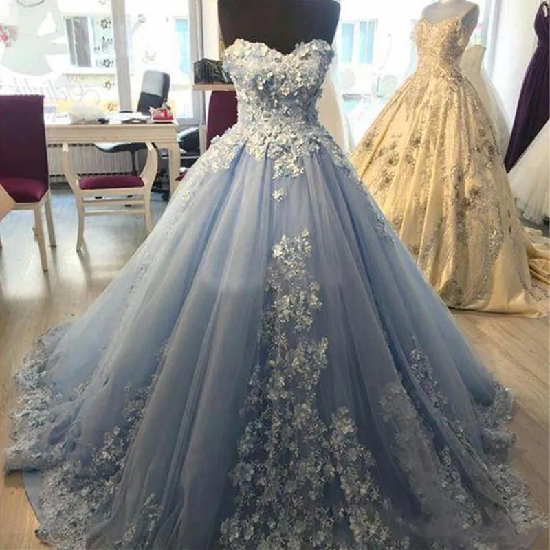 Exquiste Blue Quinceanera Klänningar Boll Gown Prom Dress Plus Storlek 2021 Beaded Lace Sweet 15 16 År Brothday Party Gowns