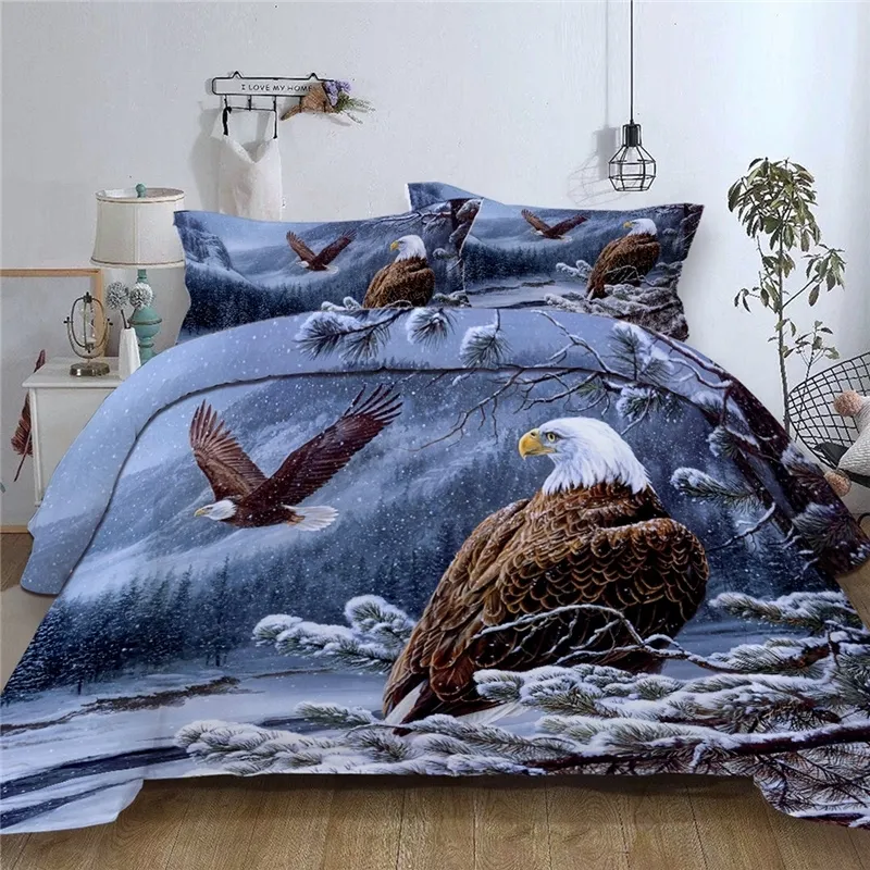 3D Eagle Bedding Set Dog Neve Floresta Árvore Única Dupla Animal Cama Roupa Gêmea Rainha Rainha Rei Rei Duvet Set para Crianças Adulto 210316