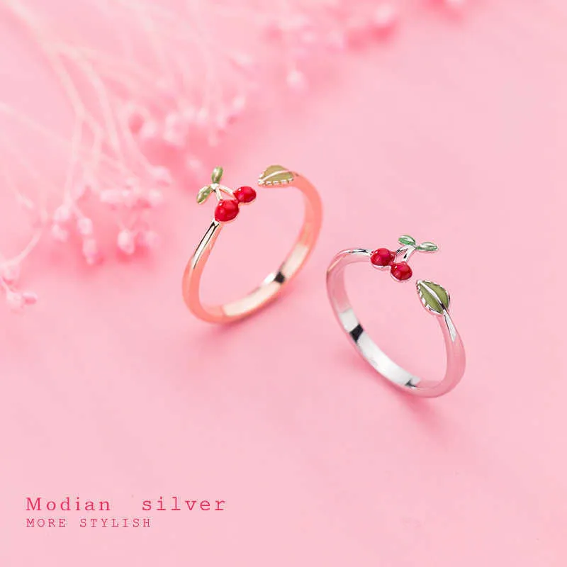 Real 925 Sterling Silver Enamel Sweet Lovely Cherry Leaves Open Justerbar Finger Ring för Kvinnor Korea Style Fine Smycken 210707
