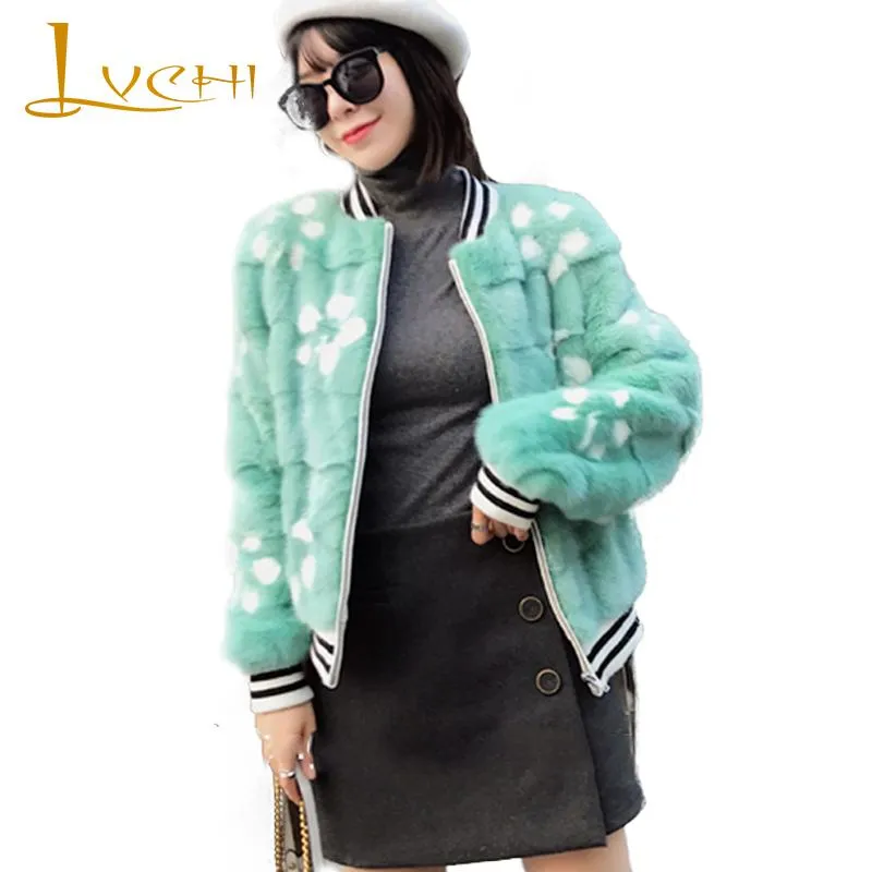 Women's Fur & Faux LVCHI Women Winter Real Coats 2021 Print Flower Mink Coat Female Thick Slim Causal Natural