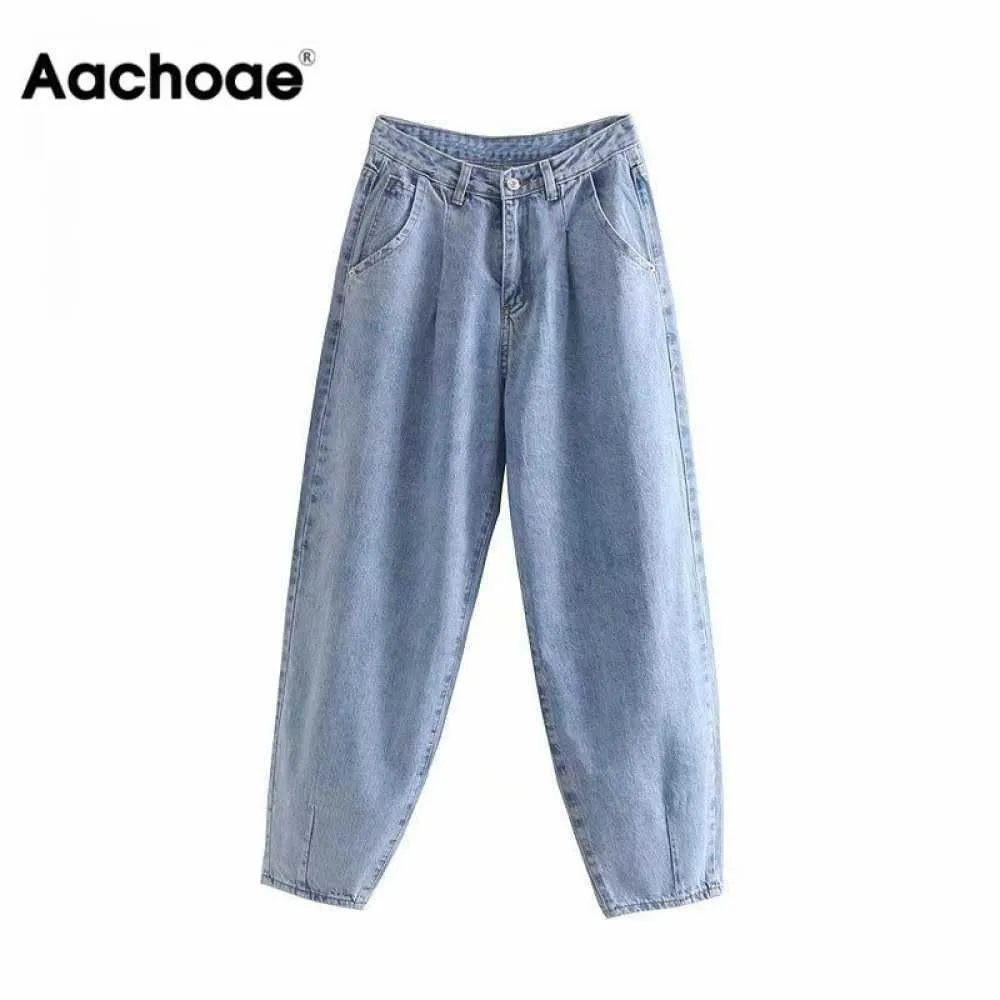 Aachoae kvinnor blå harem jeans lösa mamma jeans höga midja streetwear pojkvänner tvättade denim långa byxor bottnar slouchy jeans 210616