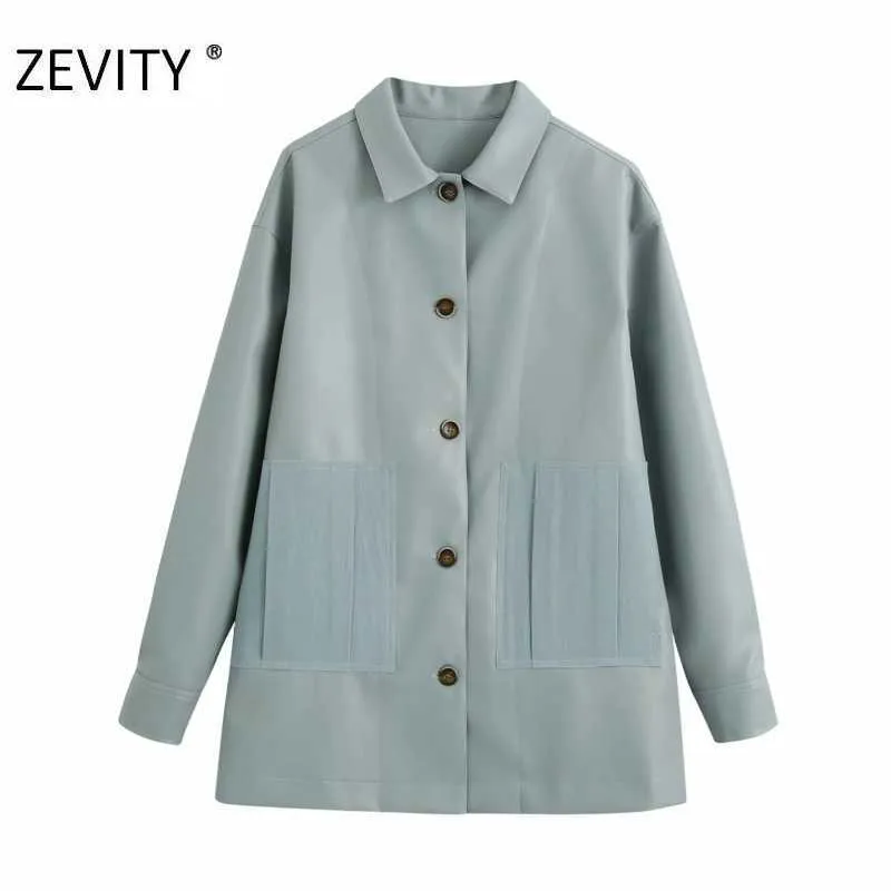 Zeveity Женщины старинные карманные патч PU кожаный рубашка пальто женский с длинным рукавом погружные грубые пальто повседневной шикарной куртки CT576 210603