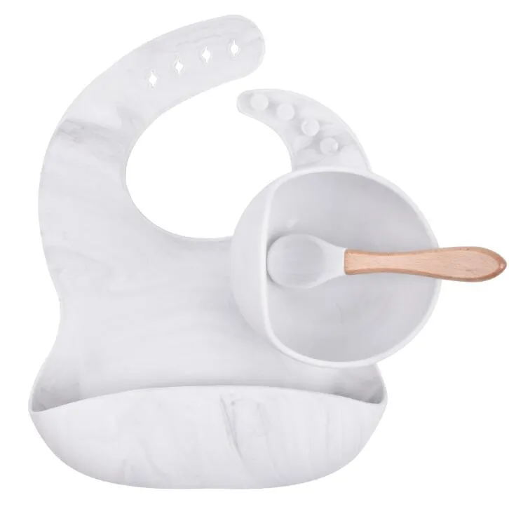 Baby Feeding Food Grade Silicone Bibs Baby Plate Non-silp Suction Bowl Kid Tableware Waterproof Bib Spoon with Wooden Handle YL424