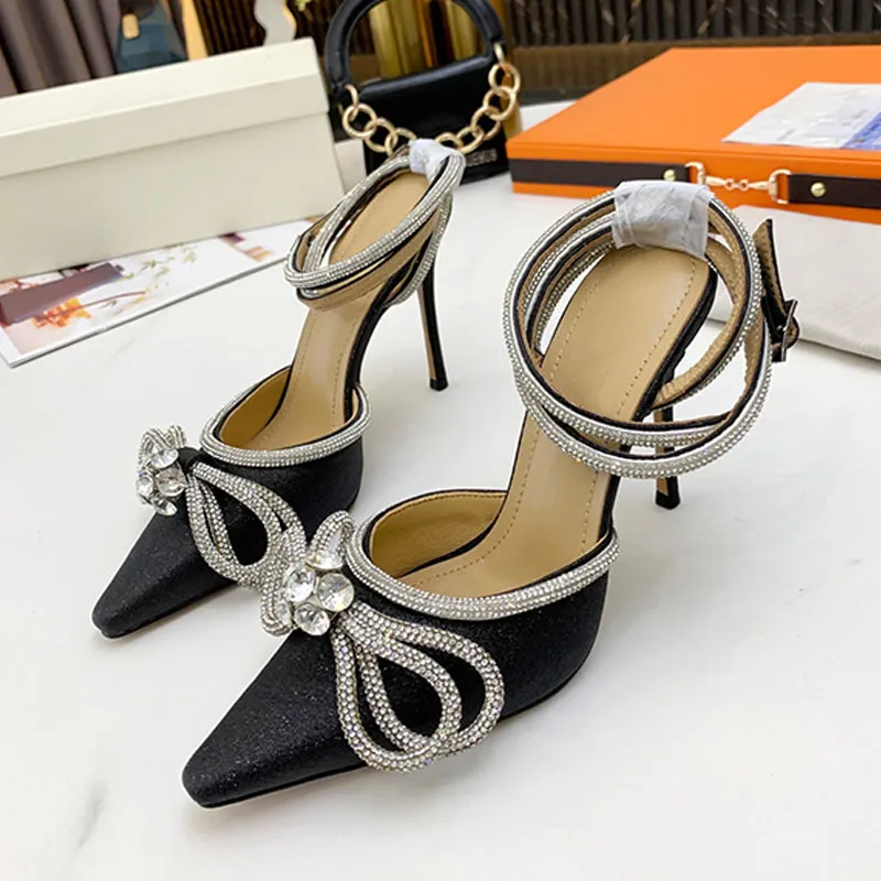 Bow fairy silk high-heeled sandals stovepipe artifact sexy fashion urban style workplace essential can be matched with 35-42 heel height 9.5CM Crystal diamond