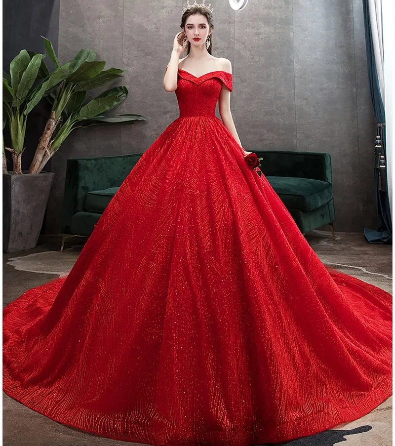 vestidos de mairee 2021 스팽글 성당 열차와 빨간색 / 화이트 웨딩 드레스 아랍어 중동 교회 어깨 흑색 이스트 신부 가운