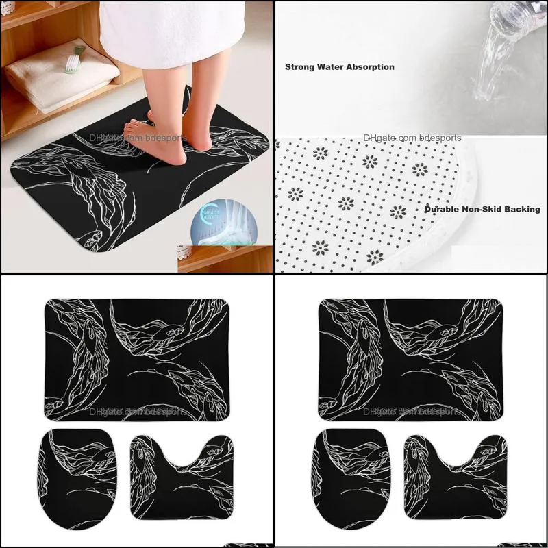 Bath Mats Koi Fish Swimming-black 3pcs Bathroom Set Coral Velvet Toilet Rug Cover Anti Slip Carpet For Home Decor