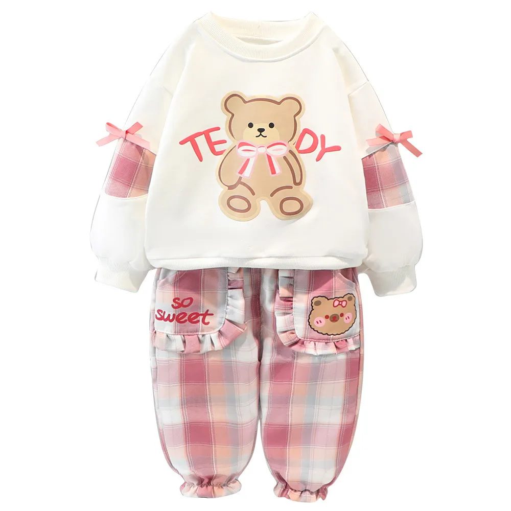 Conjuntos de roupas infantis primavera outono conjuntos de roupas para bebês menina xadrez gola de renda tops calças roupas infantis 1 2 3 4 anos
