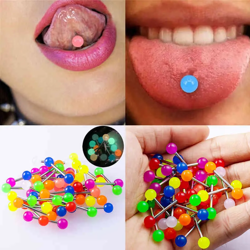 10 adet Aydınlık Glow Dil Yüzükler Saplama Meme Yüzük Piercing Halter Bar Akrilik Kıkırdak Helix Kadınlar için Moda Vücut Takı 14g