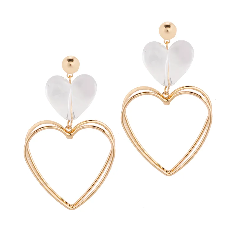 Dangle & Chandelier 2021 Alloy Double Heart Large Earrings Exaggerated Clear Acrylic LOVE Heart Dangle Drop Earrings For Women