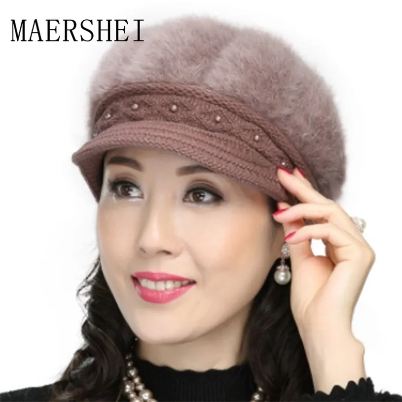 MAERSHEI Women's winter cotton hat knit middle-aged retro woman plus velvet warm mother rabbit wool cap 211229