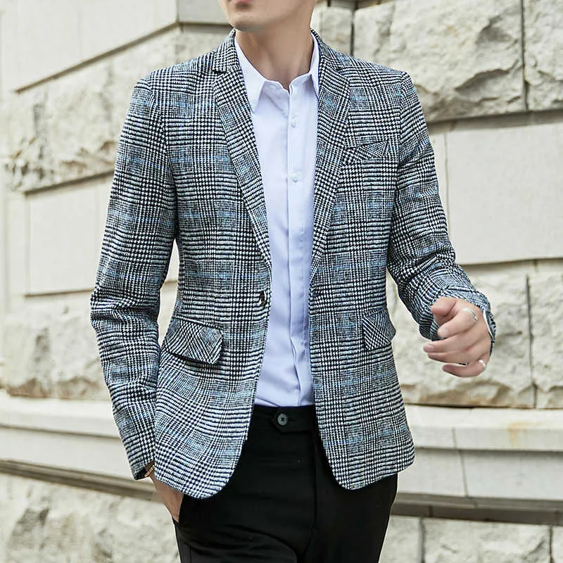 Plaid Blazer Mężczyźni Brytyjski Styl Kurtka Kurtka Dorywczo Suknia Ślubna Płaszcz Business Streetwear Jacket Jacket Este Costume Homme 210527