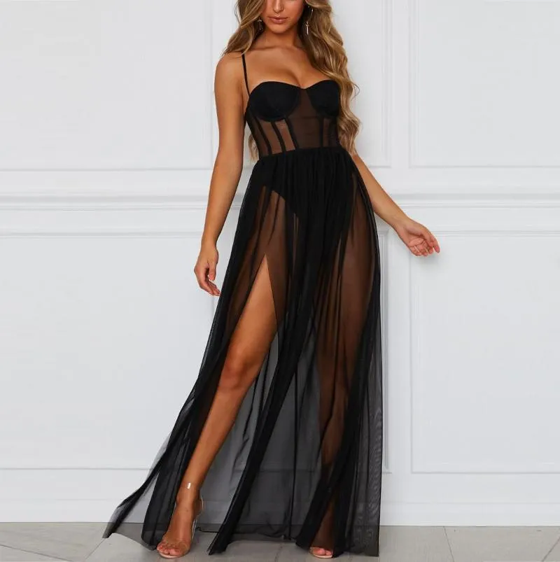 Robes décontractées 40 # Sexy maille transparente robe fluide jarretelle dentelle tentation sangle longue élégante dos nu silm taille haute fête