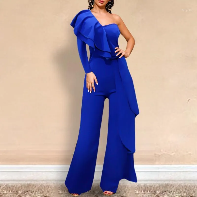 Jumpsuits das Mulheres Macacão Elegante Ruffles Jumpsuit Mulheres Partido Longo Long Leg Roupas Sexy Um ombro Macacões Royal Azul Africano Womens