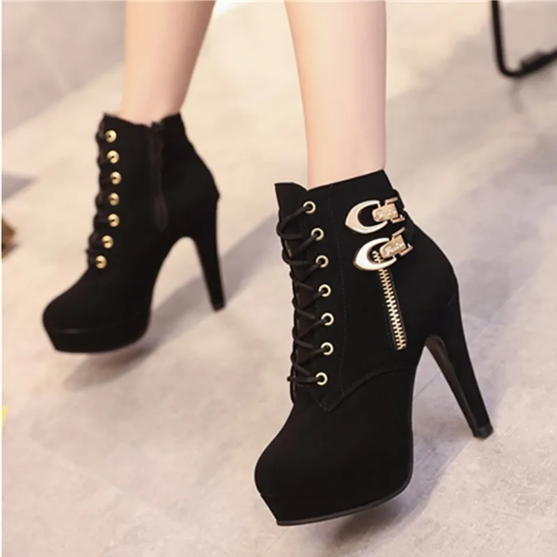 Dames chaussures habillées femmes bottes talons hauts plate-forme boucle fermeture éclair Rivets Sapatos Femininos à lacets en cuir botte taille 35-43