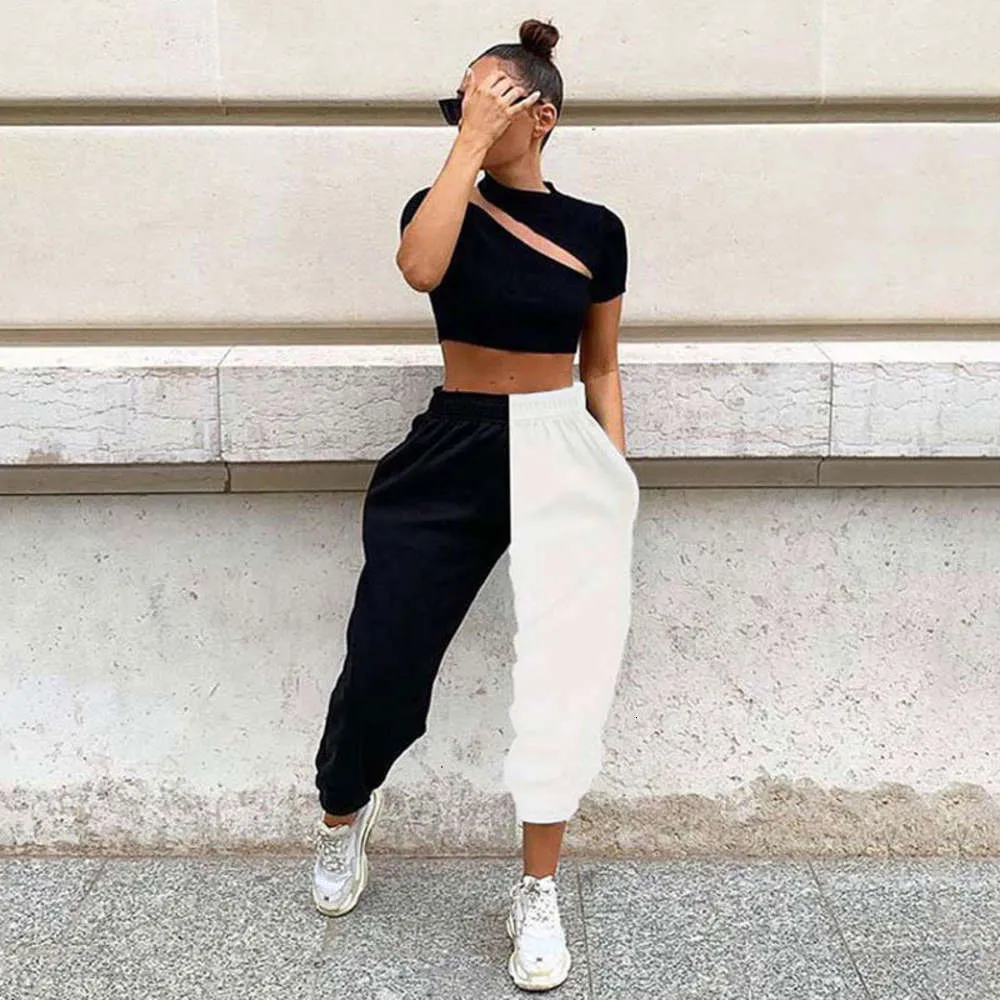2020 Half Black Half White Pants Women Sweat Baggy Pants Women Joggers