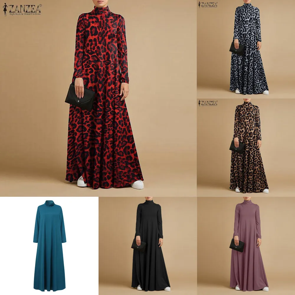 Sonbahar Balıkçı Yaka Uzun Kollu Sundress Moda Kadın Maxi Uzun Elbise Baggy ZANZEA Zarif Katı Rahat Vestido Kaftan Robe Femme X0521