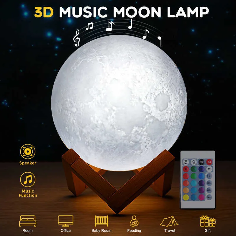 Drukuj 3D Kolorowe Bluetooth MSUIC Księżyc Lampa Akumulator Night Light Dla Światła Księżyca Z 3 Kolory 16 Kolory Remote Decor Gift Y0910